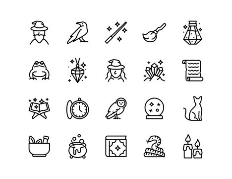 Collection of wizardry and sorcery icons with editable stroke