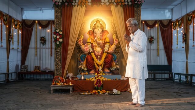 Solitary Morning Prayer Before Lord Ganesha &ndash; Peaceful Dawn Devotion in Pandal
