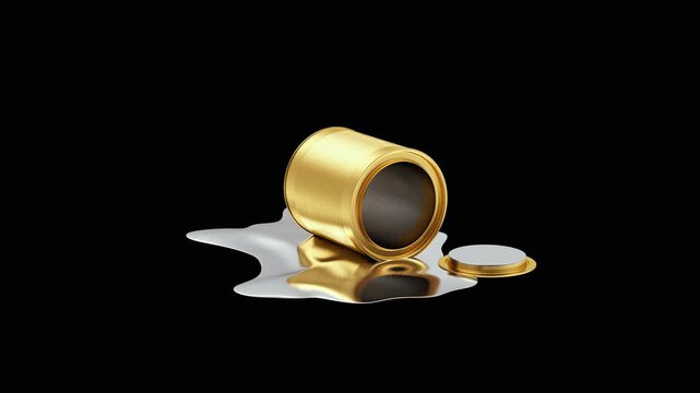 A golden tin can lies on its side with spilled silver liquid on a black background in a minimalist 3D render