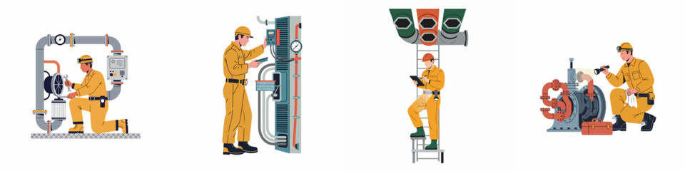 Obraz premium Set of industrial maintenance workers performing repairs, inspections, and technical tasks on machinery and pipe systems in a factory or power plant.