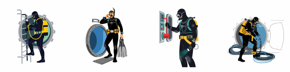 Set of vector illustrations featuring a professional commercial diver in full scuba gear performing various tasks around a submarine hatch and controls. © Kreco