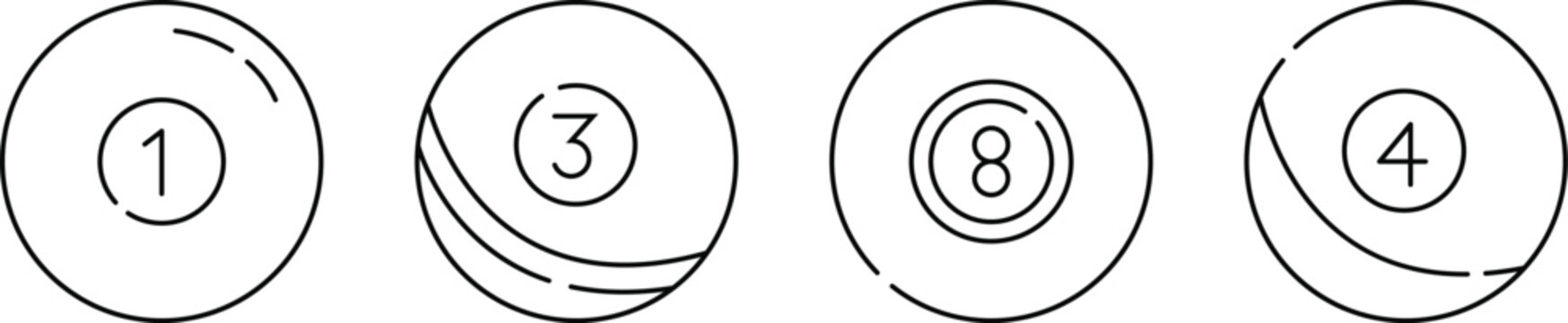Billiard Ball Icons Set Vector Illustration, Pool Balls, Snooker Equipment and Sports Line Art Collection