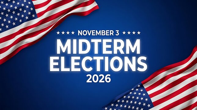 Midterm Elections 2026 Banner with American Flags and Voting Theme on Dark Blue Background