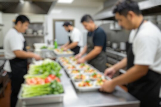Blurred food production workers preparing meals in a modern industrial kitchen.
