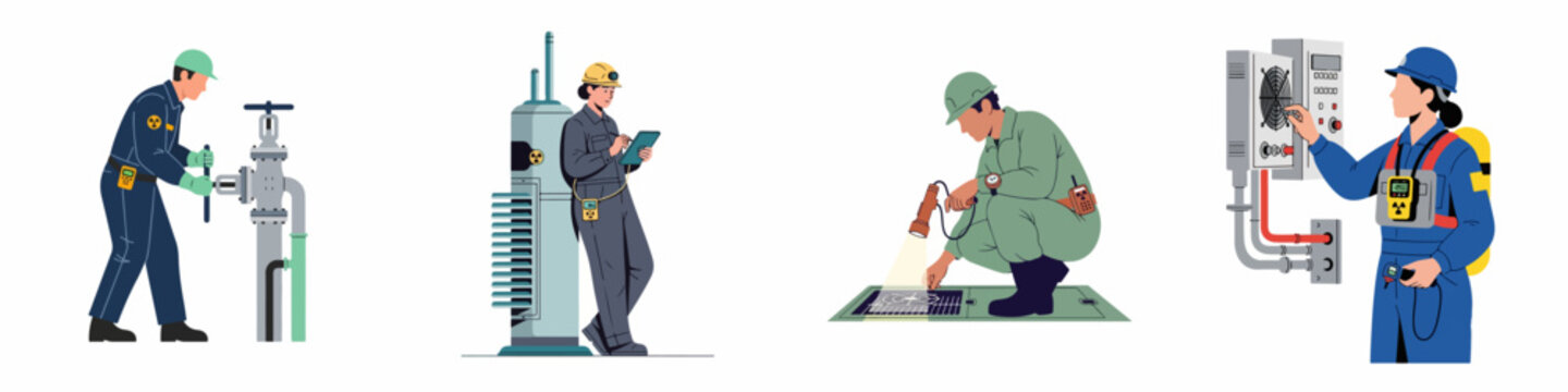 Flat vector illustrations of industrial workers in protective gear performing maintenance and monitoring tasks at a nuclear power plant or hazardous facility.