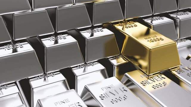 A gold bullion bar glides across stacked silver ingots, highlighting precious metals, wealth, and investment concepts in a reflective close-up 3D render
