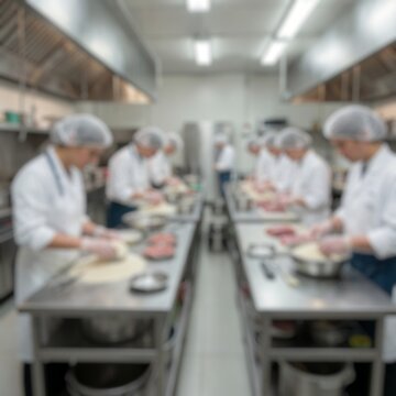 Defocused commercial kitchen staff assembling meals in a large food service facility.