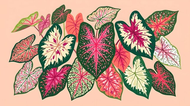 Colorful Caladium Leaf Illustration with Vibrant Pink and Green Tropical Foliage Patterns on a Pastel Background