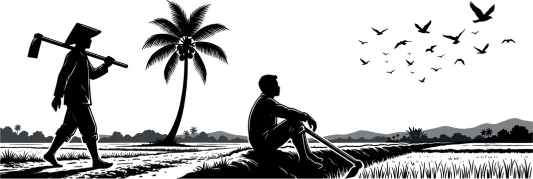 Traditional Asian Agriculture Landscape Vector Illustration Featuring Farmers Working With Hoe In Rice Fields Under Palm Trees And Flying Birds