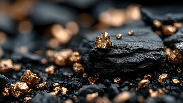 Close up of copper ore raw material,with the ore placed on top of black shale, subtle metallic reflection, emphasizing advanced energy storage materials and strategic mineral significance