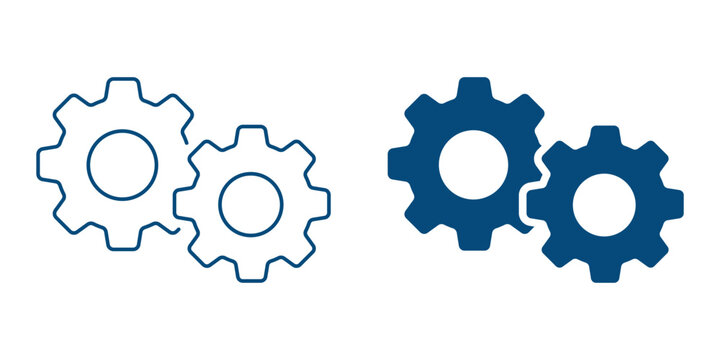 Set of gears icons. Setting gears icon, cogwheel group. Interlocking steel gears of varying sizes in a mechanical system vector icon. For industrial process engineering and technical development.