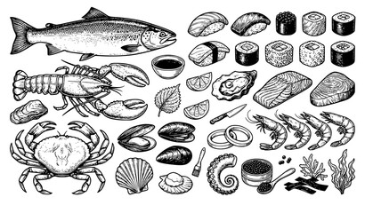 Premium Vintage Hand Drawn Seafood and Japanese Sushi Engraving Vector Element Set for Asian Restaurant Menus Seafood Markets and Culinary Brand Identity Designs © Hosneara