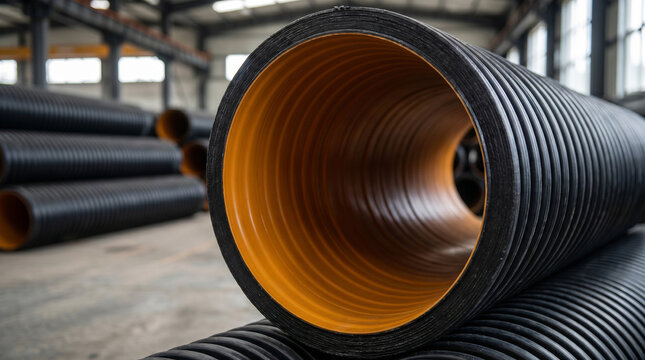 A close-up view of a large corrugated plastic pipe with an orange interior in an industrial factory warehouse