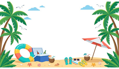 Bright Summer Beach Horizontal Flat Vector Banner with Tropical Palm Trees and Copy Space © MDSohag