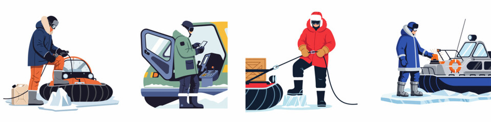 Set of illustrations depicting arctic researchers and technicians operating hovercrafts and equipment for transport and logistics in polar ice and snow environments. © Kreco