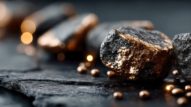 Close up of copper ore raw material,with the ore placed on top of black shale, subtle metallic reflection, emphasizing advanced energy storage materials and strategic mineral significance