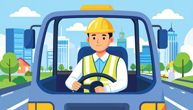 Man wearing yellow hard hat driving.