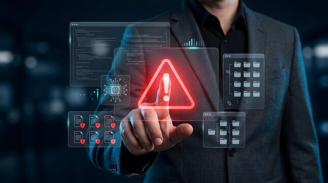 Man touching red warning sign on digital interface