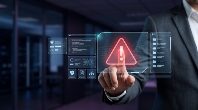 Man touches digital warning sign with code background