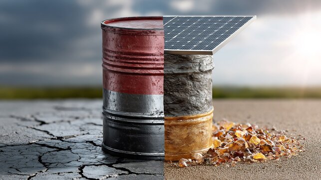 Metal barrels and solar panels illustrate the contrast between environmental degradation and renewable energy generation within an industrial sector striving for modern ecological sustainability.