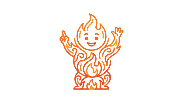 A stylized orange line art illustration of a friendly flame character on a white background