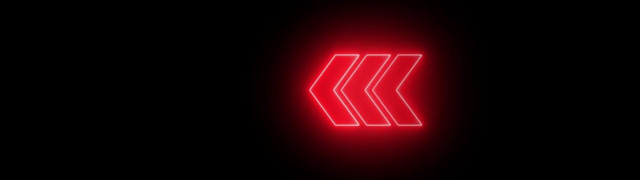 Neon red glowing arrows pointing left animated sequence on black background, pointer