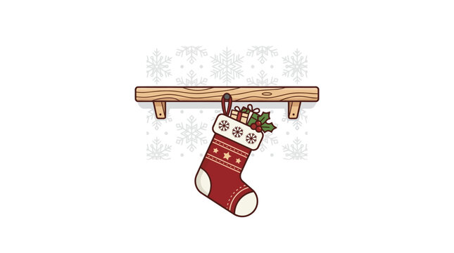 A festive red stocking hangs from a wooden shelf against a background of white snowflakes