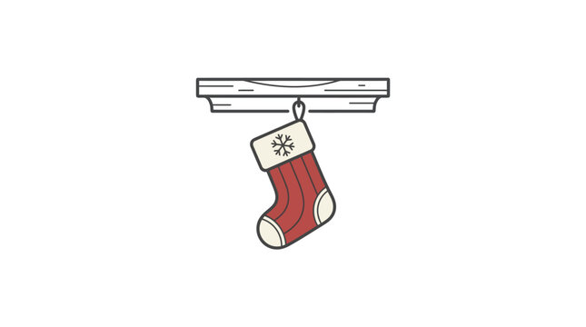 A simple vector illustration of a red holiday stocking hanging from a wooden shelf