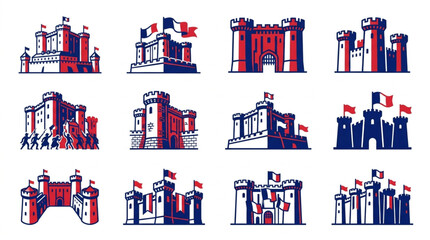 Collection of French Castles and Fortresses Icons. © prasetyo