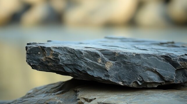 Dark rock ledge, river background, nature scene, product display