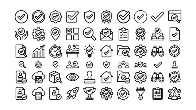 Collection of various business and technology related icons with checkmarks and symbols for concepts like approval and verification  business icons
