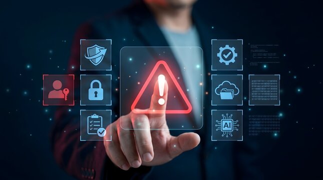 Cyber security alert with warning triangle and icons