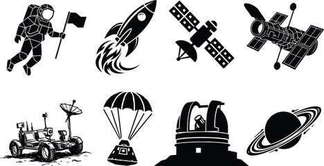 Space exploration vector silhouette icon set featuring astronaut, rocket, satellite, and planet. © Hello World
