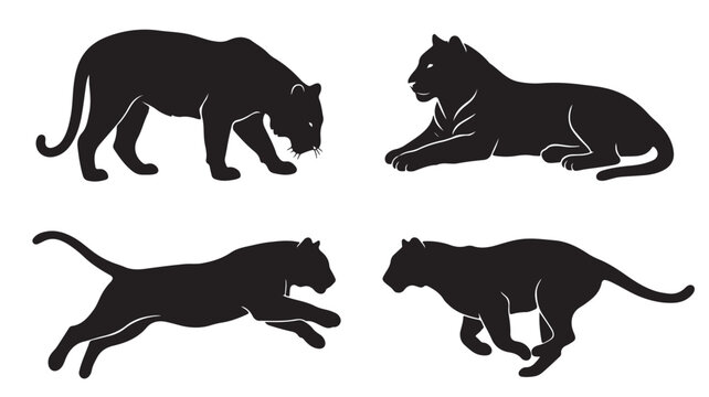 Black panther silhouette vector set, wild cat animal icons in running and stalking poses, predatory leopard and jaguar graphics for sports logos