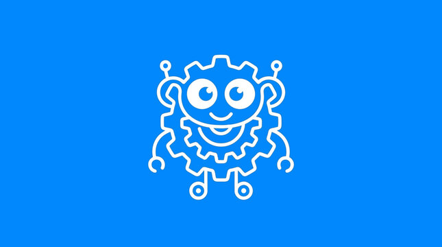 A simple white line art illustration of a cute mechanical robot on a solid blue background