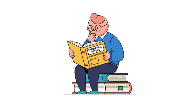 Man reading newspaper sitting on books.