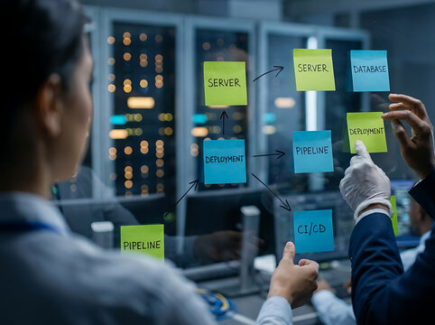 Hands arranging sticky notes on glass wall to plan CI/CD deployment pipeline in a server room