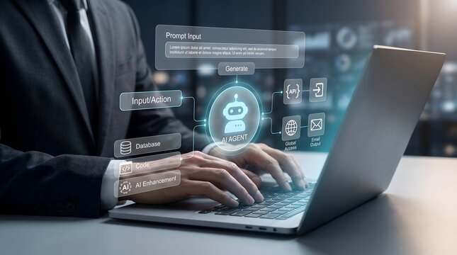 Businessman uses AI agent interface on laptop for data processing