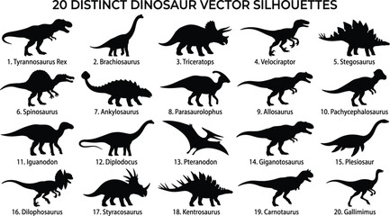20 Distinct Prehistoric Dinosaur Silhouettes Vector Collection © Hello World
