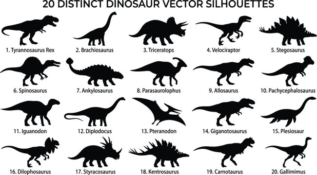 20 Distinct Prehistoric Dinosaur Silhouettes Vector Collection