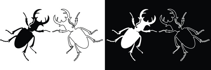 Stag beetle insect with sharp curved pincers vector silhouette and line art outline variations © Md