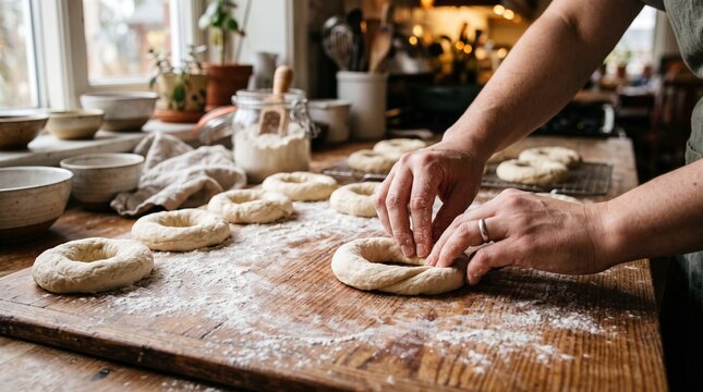 Hands shaping fresh bagel dough on a rustic wooden kitchen table in a warm natural light setting