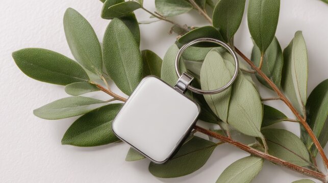 Blank white keychain mockup among olive leaves for sublimation design display, minimal key ring product branding template, elegant natural flat lay with copy space for custom logo and promotional iden