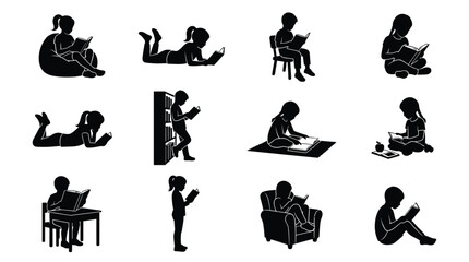 A collection of black vector illustrations depicting children reading books in many different sitting positions © Uzair
