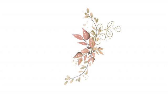 Watercolor wreath with peach leaves and gold glitter branches. Perfect for wedding invitations, greeting cards, and spring themed designs. Alpha channel.