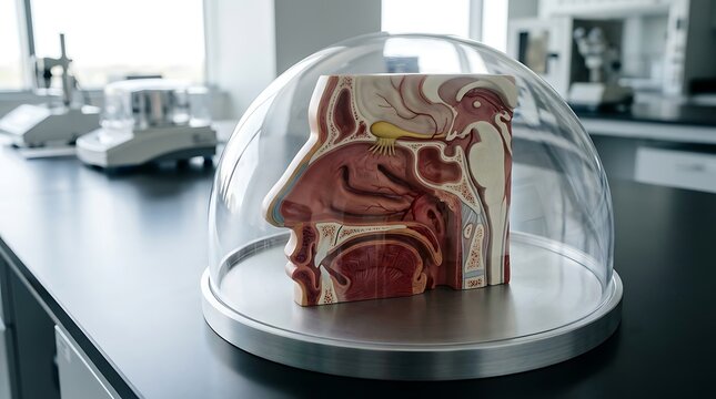 Detailed anatomical model of human nasal and sinus passages in a laboratory setting.