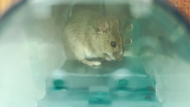 A small gray house mouse sits cautiously inside a clear plastic humane trap. This close-up view evokes a compassionate and hopeful feeling for its survival.