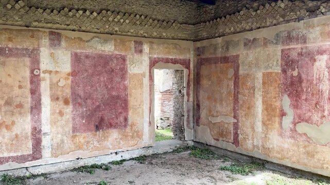 Ancient Roman Wall Frescoes in Ostia Antica Italy with Historic Painted Decoration