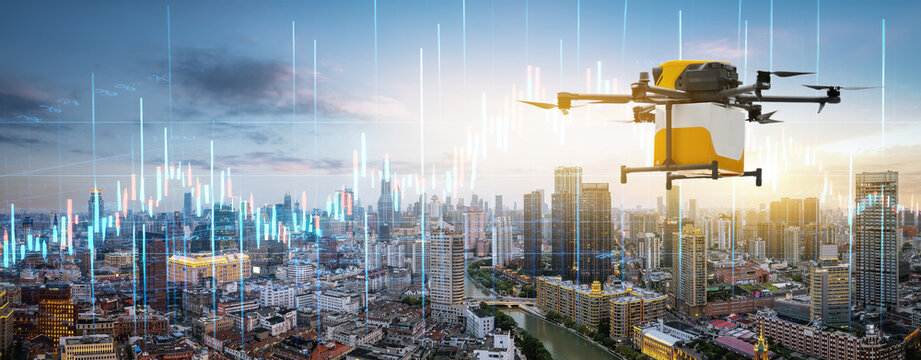 Delivery Drone Flying Over Modern Smart City