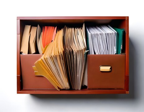 Open wooden filing cabinet drawer full of document folders top view isolated on white background.